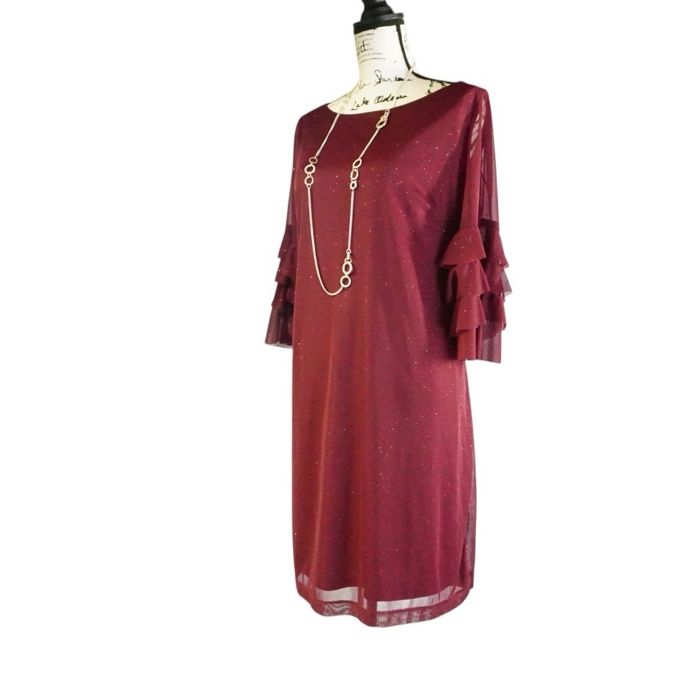 Gabby Skye Occasion Red Sparkle Dress with Ruffled Sleeve Accents, Size 14